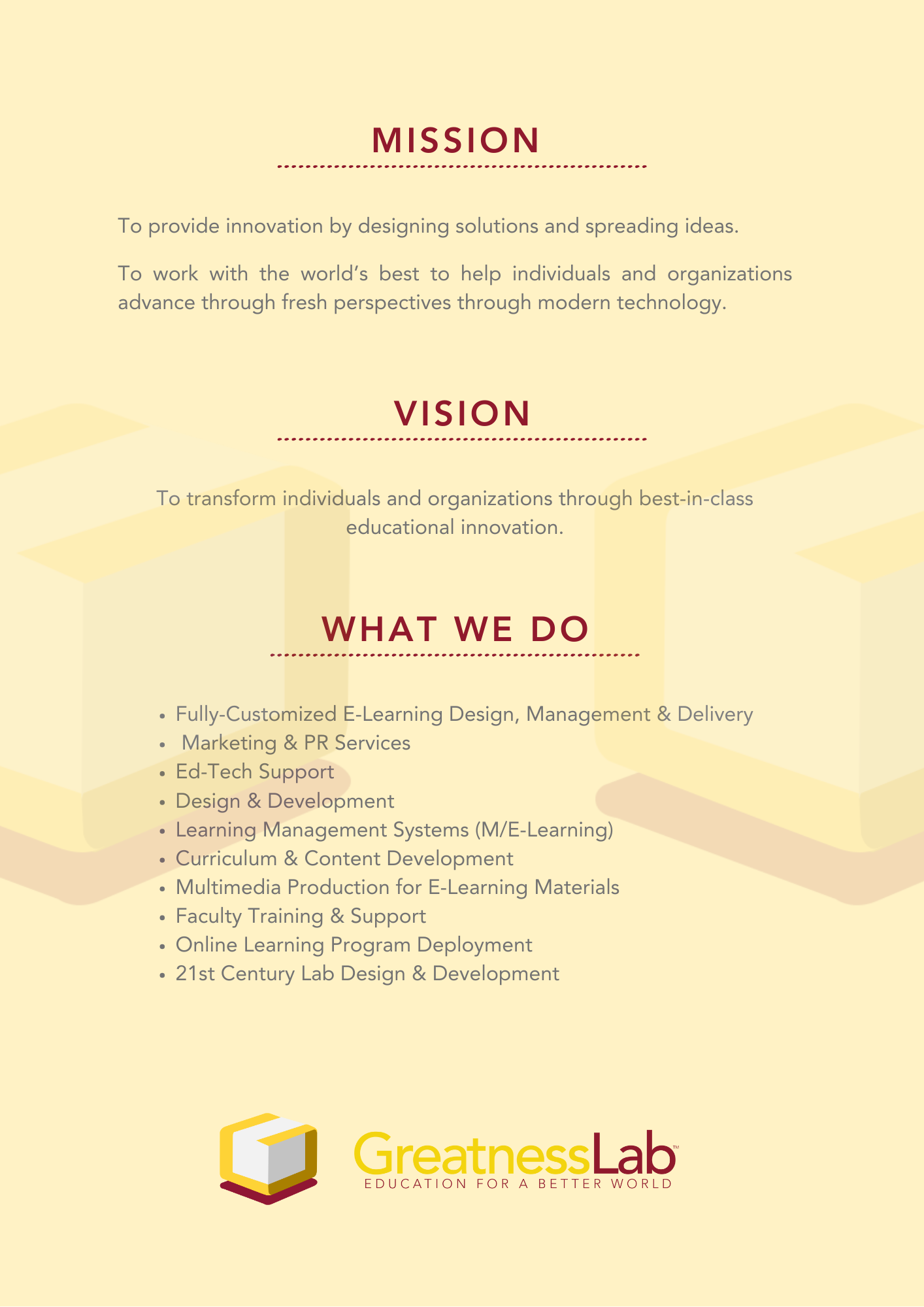 Greatnesslab Mission, Vision, & Services